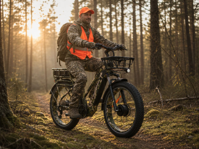 Vadász Terep eBike használat vadászruhában erdőben