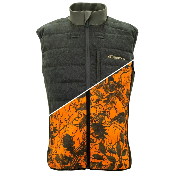 Carinthia Ultra Loden kifordítható vadászmellény – olíva és Orange Blaze Camo oldal
