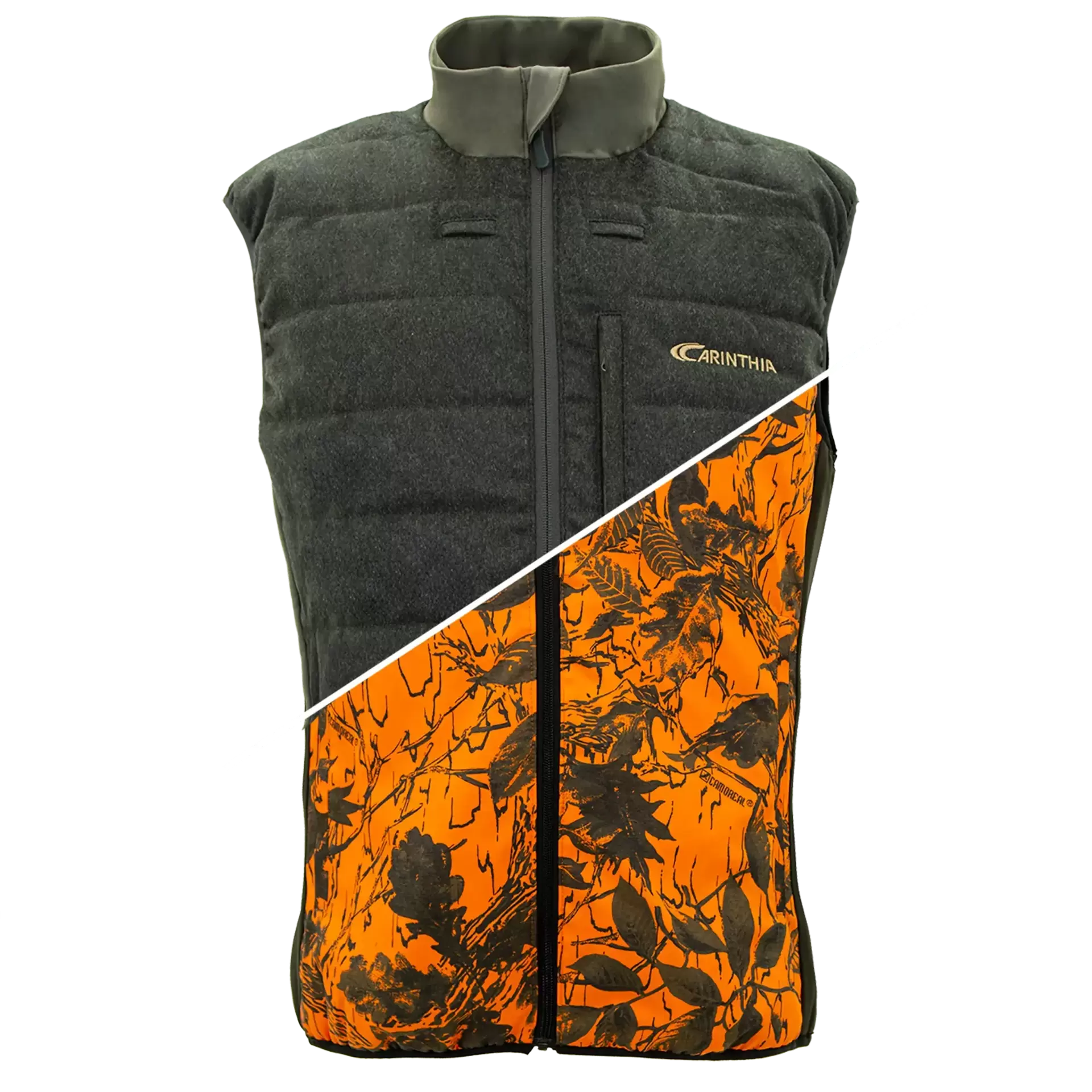 Carinthia Ultra Loden kifordítható vadászmellény – olíva és Orange Blaze Camo oldal