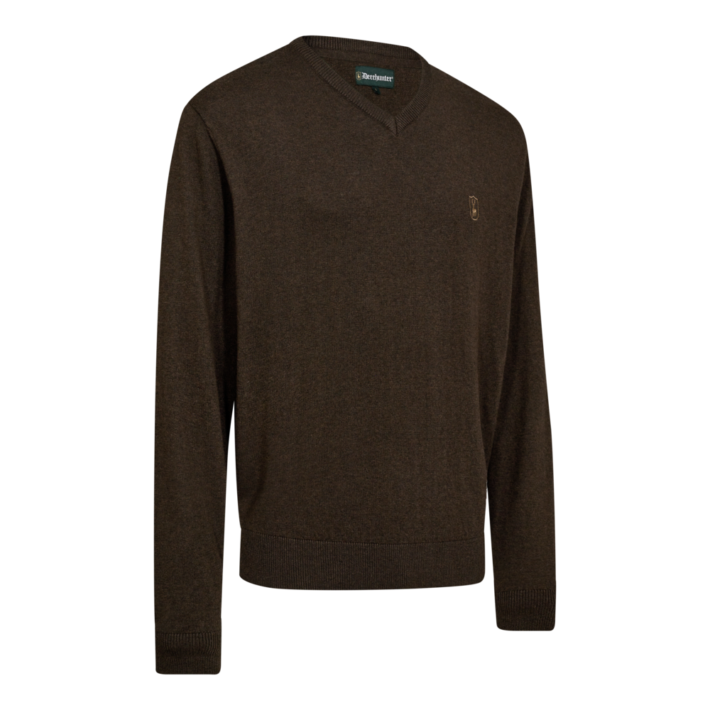 Deerhunter HARRINGTON V-neck merinógyapjú–pamut V-nyakú pulóver – 8118 – Brown melange – barna melír (595) – elölnézet