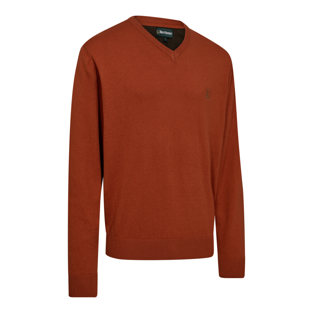 Deerhunter HARRINGTON V-neck merinógyapjú–pamut V-nyakú pulóver – 8118 – Oak Rust Melange – rozsdabarna melír (611) – elölnézet
