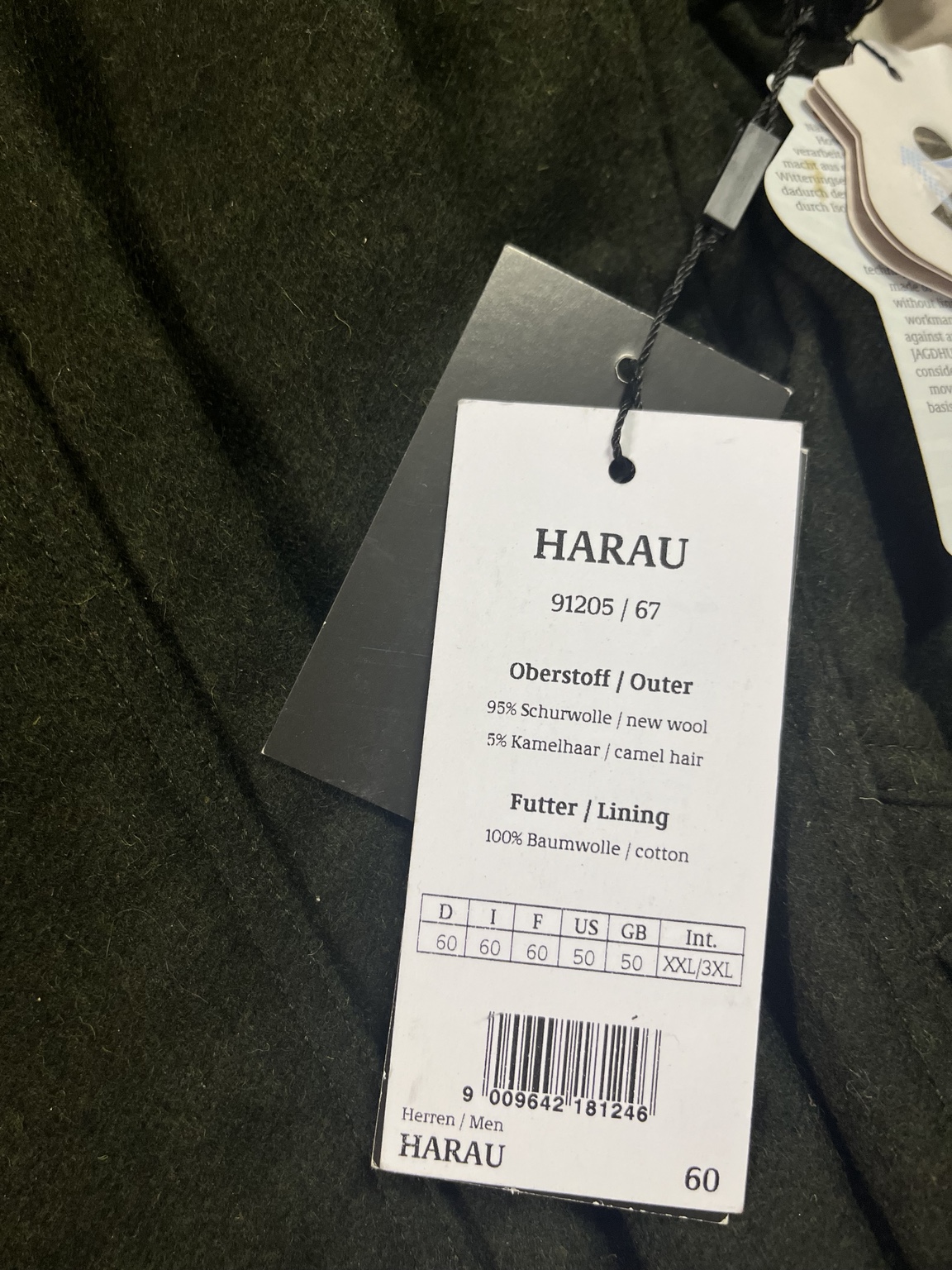 Jagdhund Harau 91205/67 férfi loden vadásznadrág, 60-as méret, anyagösszetételt mutató eredeti címke