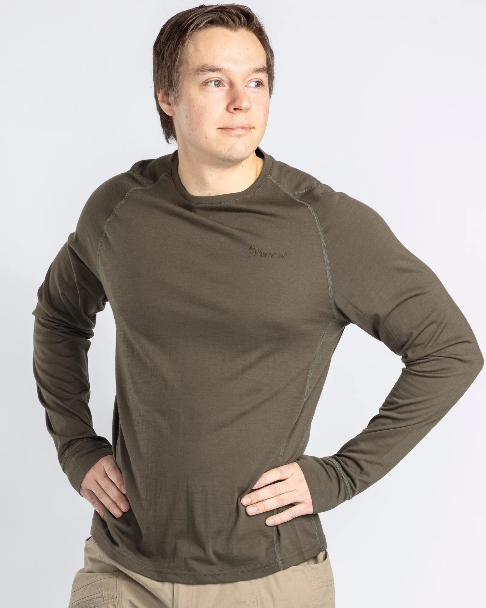 Pinewood® Lappland Merino Wool L/S T-shirt M´s – Moss Green (135) – 5489