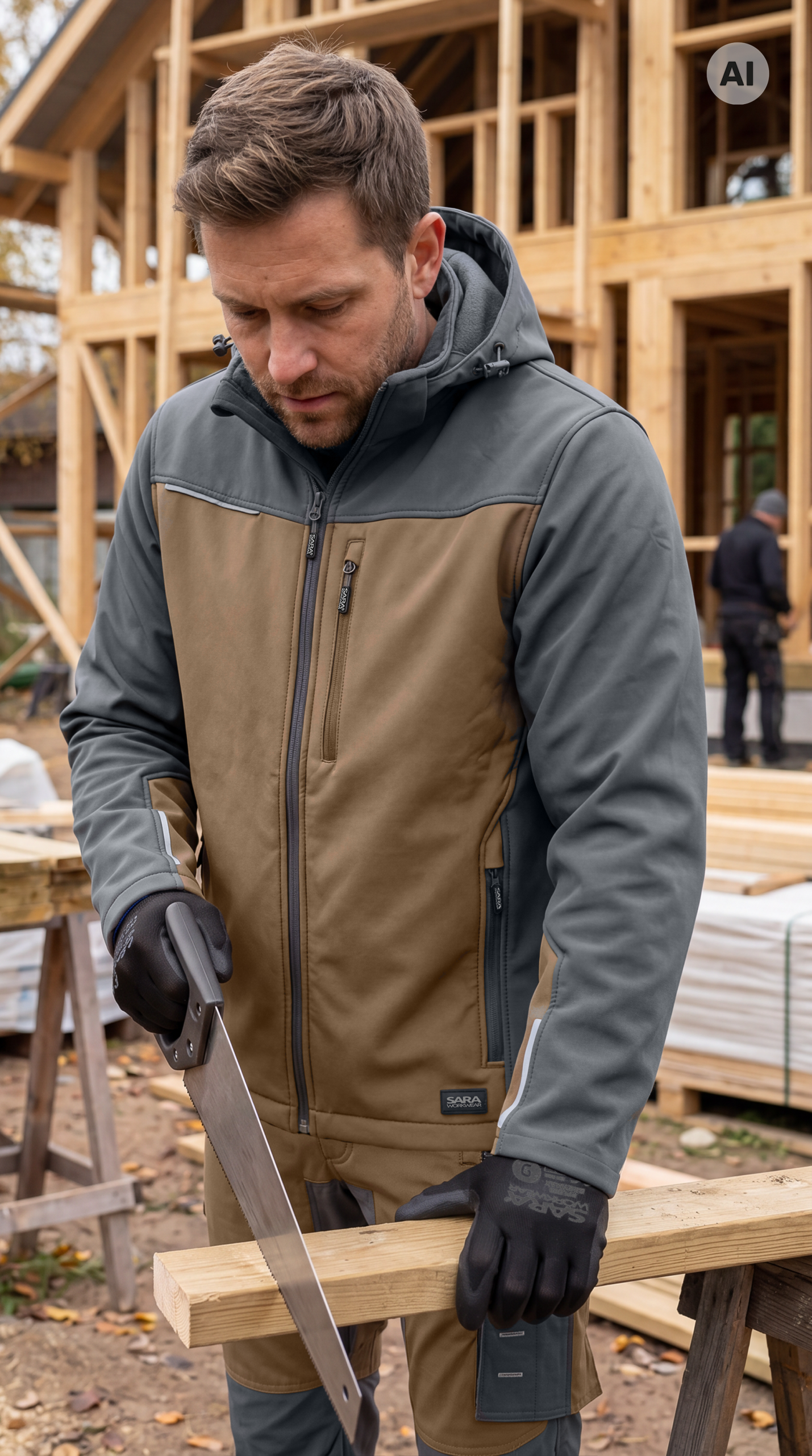SARA Comfort Plus softshell munkakabát, Barna / sötétszürke (Charcoal), 1-13-620-76-72 – viselés munka közben 1