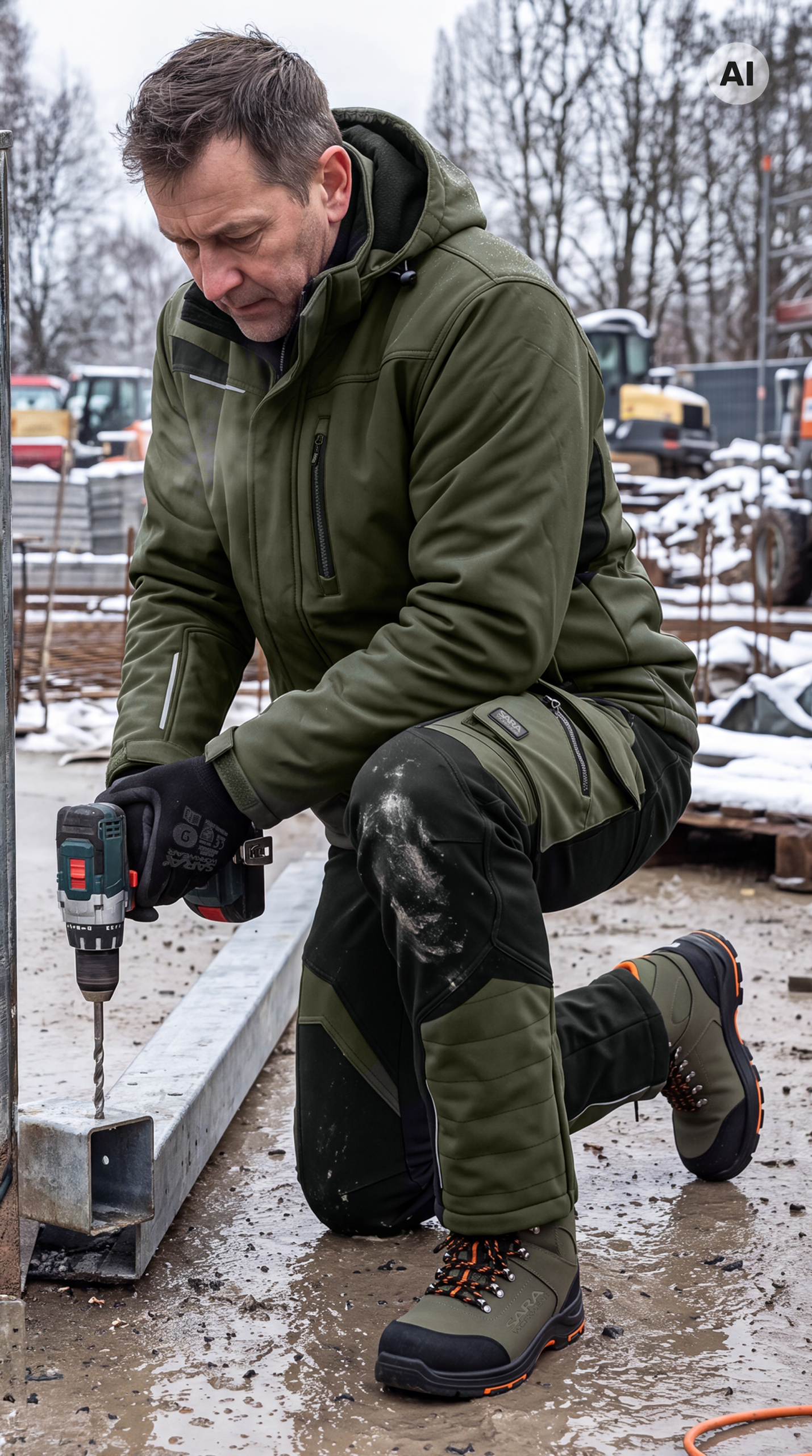 SARA Comfort Winter bélelt softshell deréknadrág, olívazöld és fekete, 1-27-630-75-25 – viselés munka közben 1