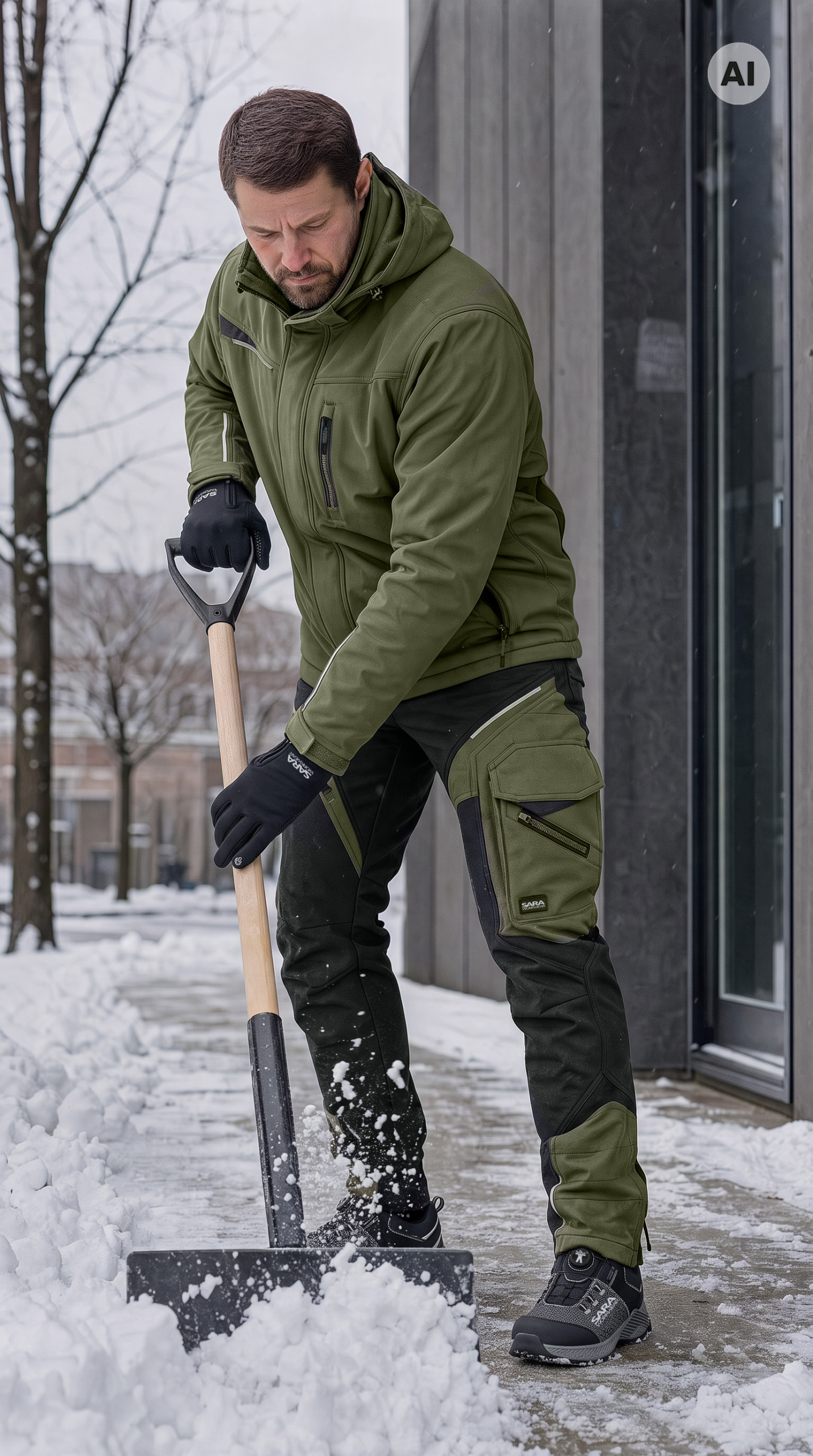 SARA Comfort Winter bélelt softshell deréknadrág, olívazöld és fekete, 1-27-630-75-25 – viselés munka közben 2