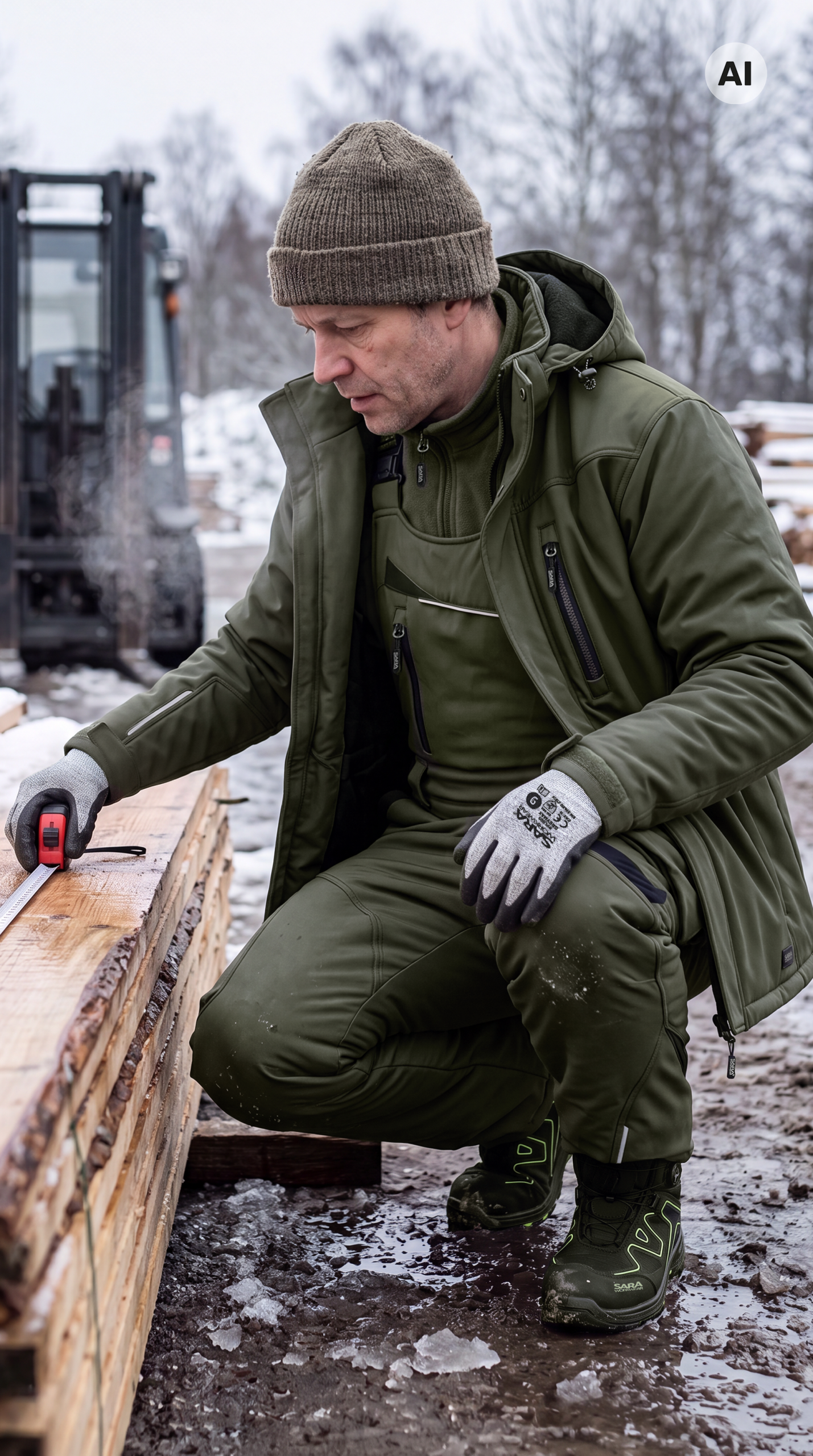 SARA Comfort Winter bélelt softshell kertésznadrág, olívazöld és fekete, 1-03-630-75-25 – viselés munka közben 1