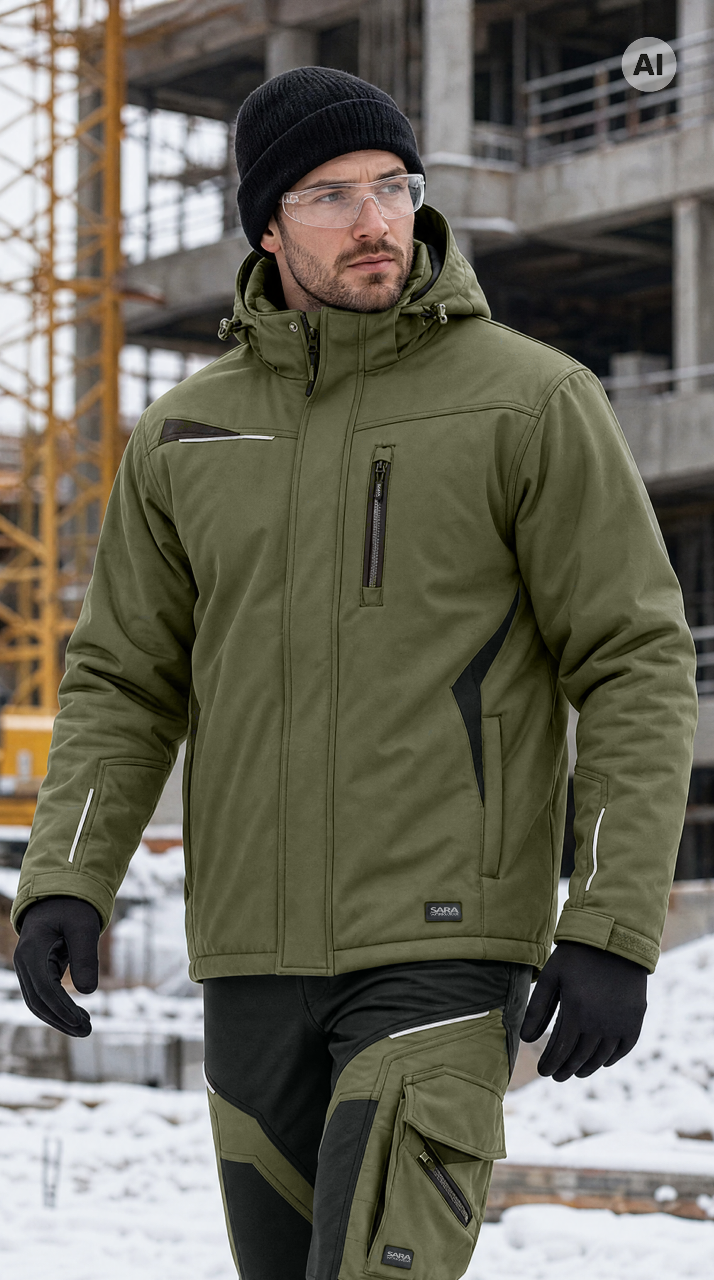 SARA Comfort Winter bélelt softshell munkakabát, olívazöld és fekete, 1-08-630-75-25 – viselés munka közben 1